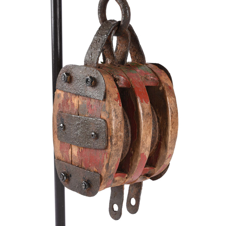 Antique Teak Ships Pulley on Iron stand- Circa 1910 | Indigo Antiques