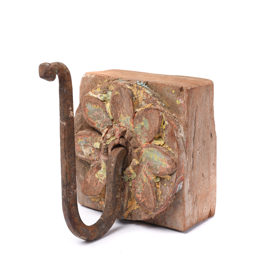 Yellow & Green Coat Hook On Old Painted Teak, Various Colours - 19thC | Indigo Antiques