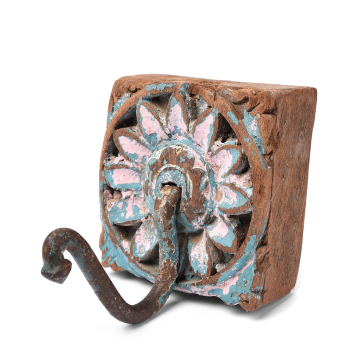 Blue & Pink Coat Hook On Old Painted Teak, Various Colours - 19thC | Indigo Antiques