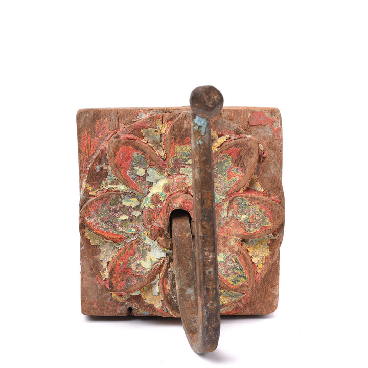 Red & Yellow Coat Hook On Old Painted Teak - 19thC | Indigo Antiques