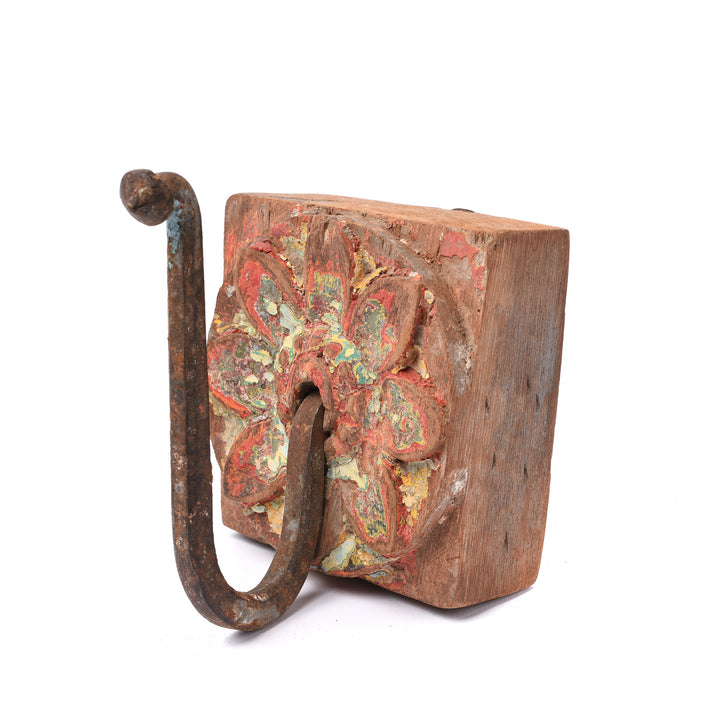 Red & Yellow Coat Hook On Old Painted Teak - 19thC | Indigo Antiques