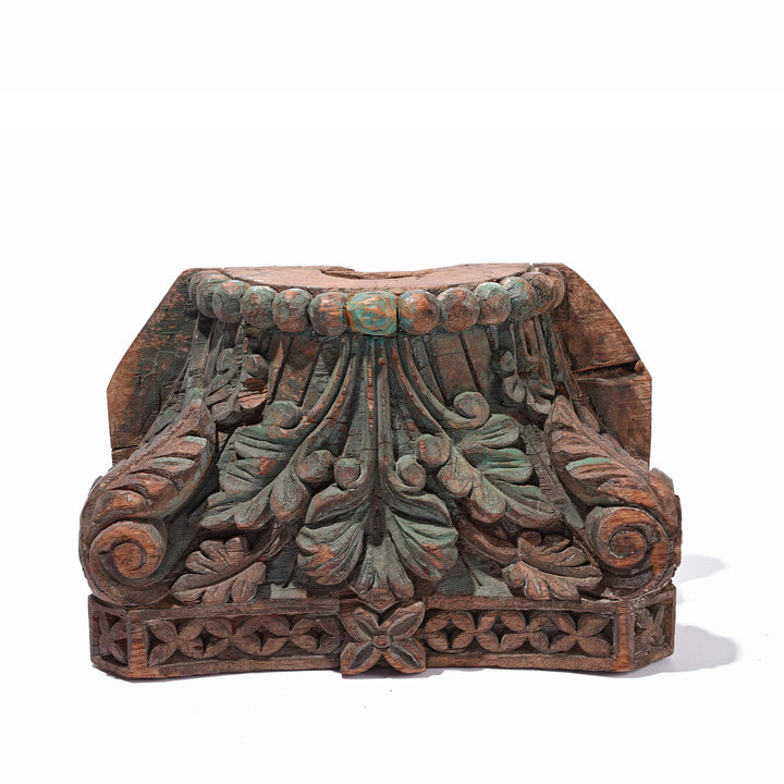 Dark Green Carved Teak Capitols From Gujarat Various Colours - Late 19thC 