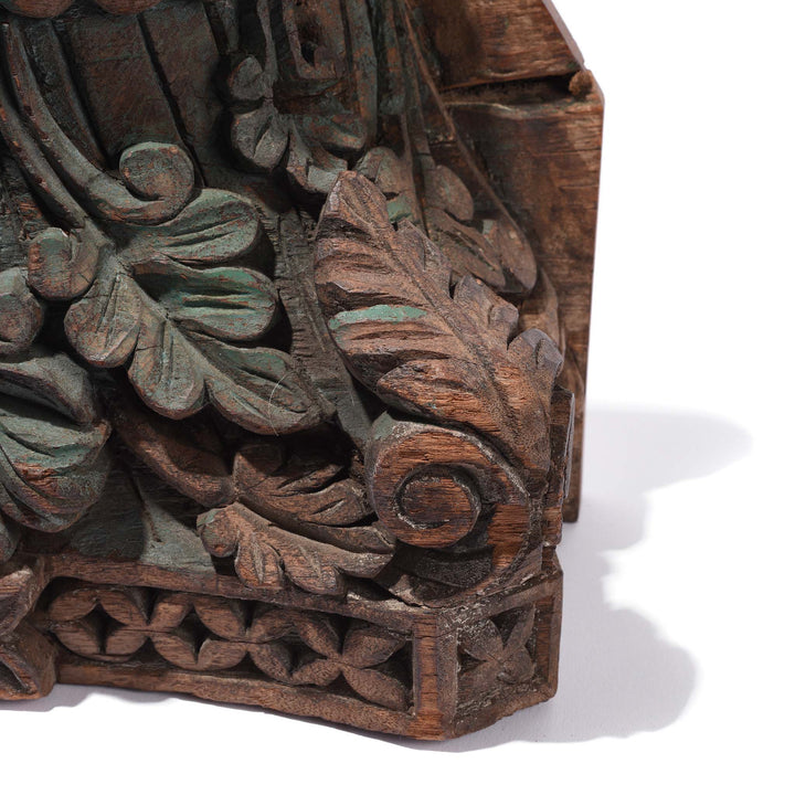Detail From Dark Green Carved Teak Capitols From Gujarat Various Colours - Late 19thC 
