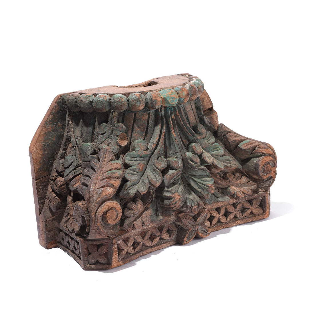 Angled View Of Dark Green Carved Teak Capitols From Gujarat Various Colours - Late 19thC 