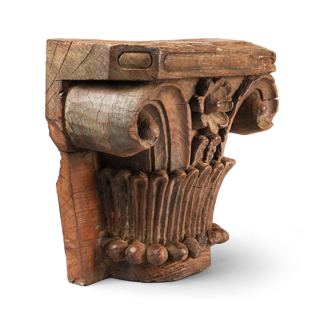 Angled View Of Antique Carved Teak Capitol From Gujarat - Late 19th Century | Indigo Antiques