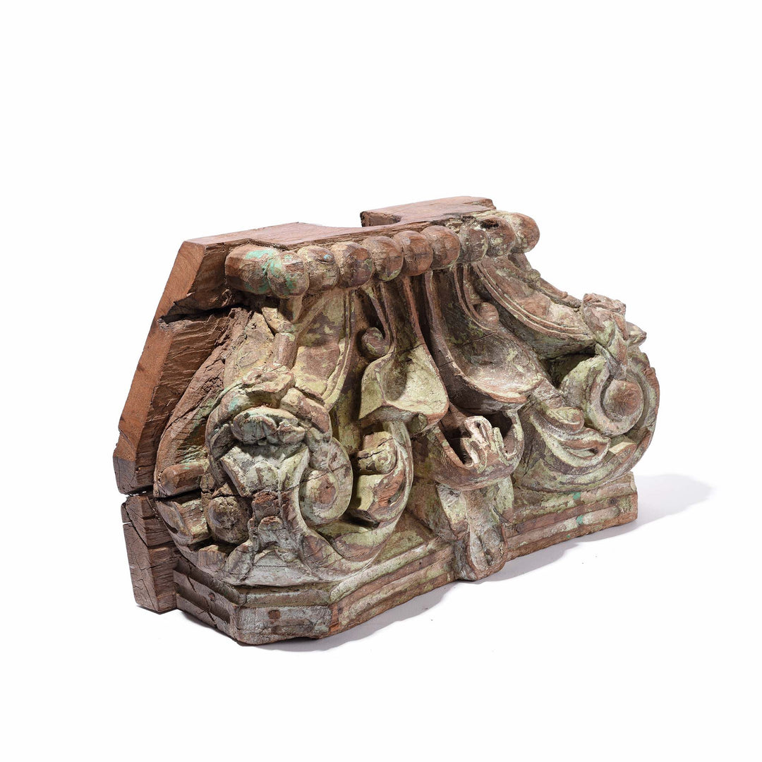 Angled View Of Light Green Carved Teak Capitols From Gujarat Various Colours - Late 19thC 