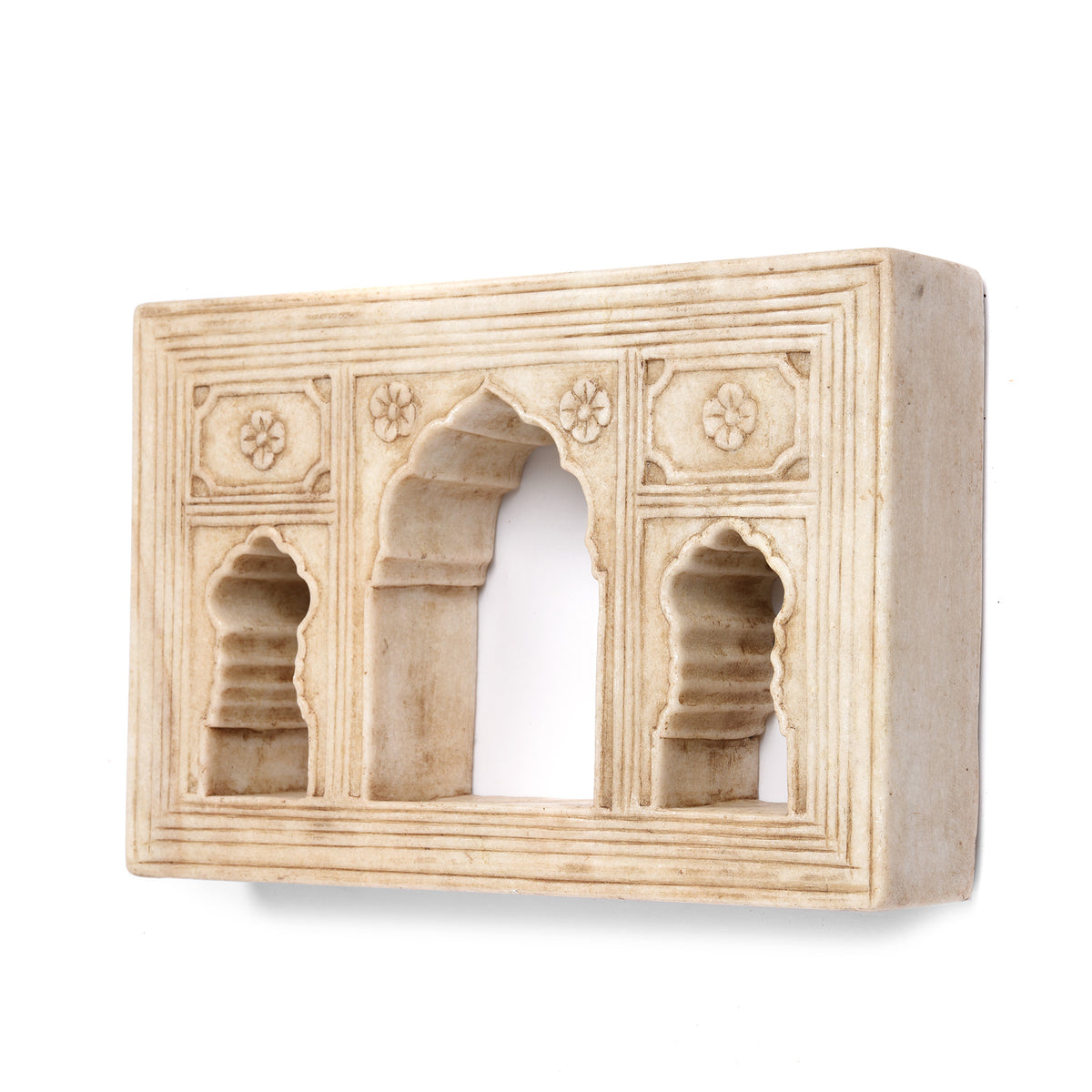 Angled View Of Mughal Style 3 Way Marble Candle Niche | Indigo Antiques