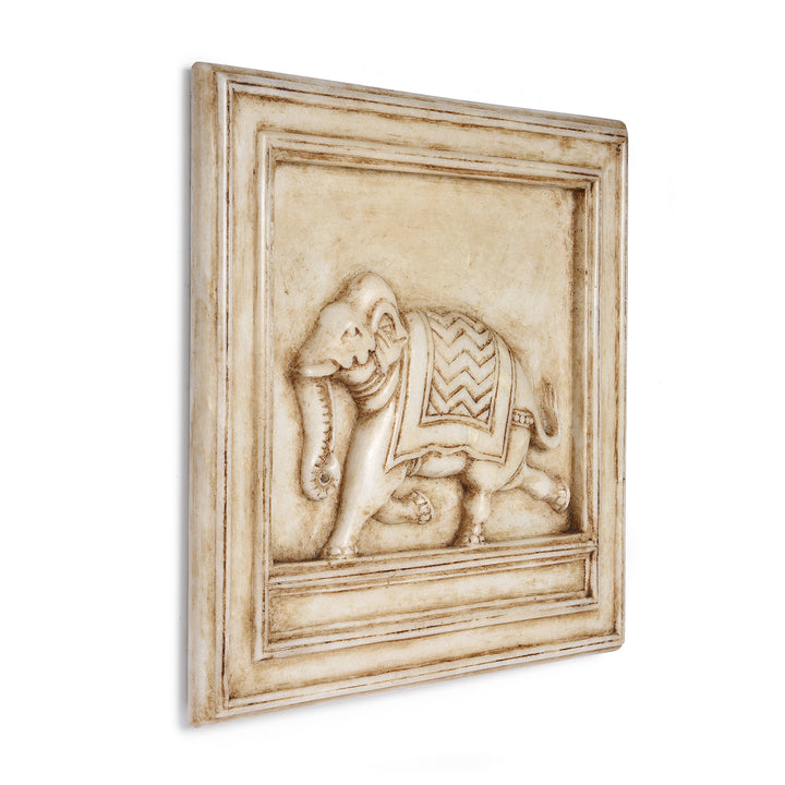 Angled View Of Marble Mughal Style Elephant Panel | Indigo Antiques