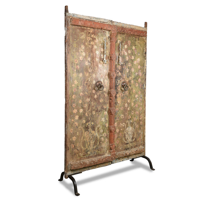 Angled View Of Old Painted Indian Door From Gujarat - 19thC | Indigo Antiques
