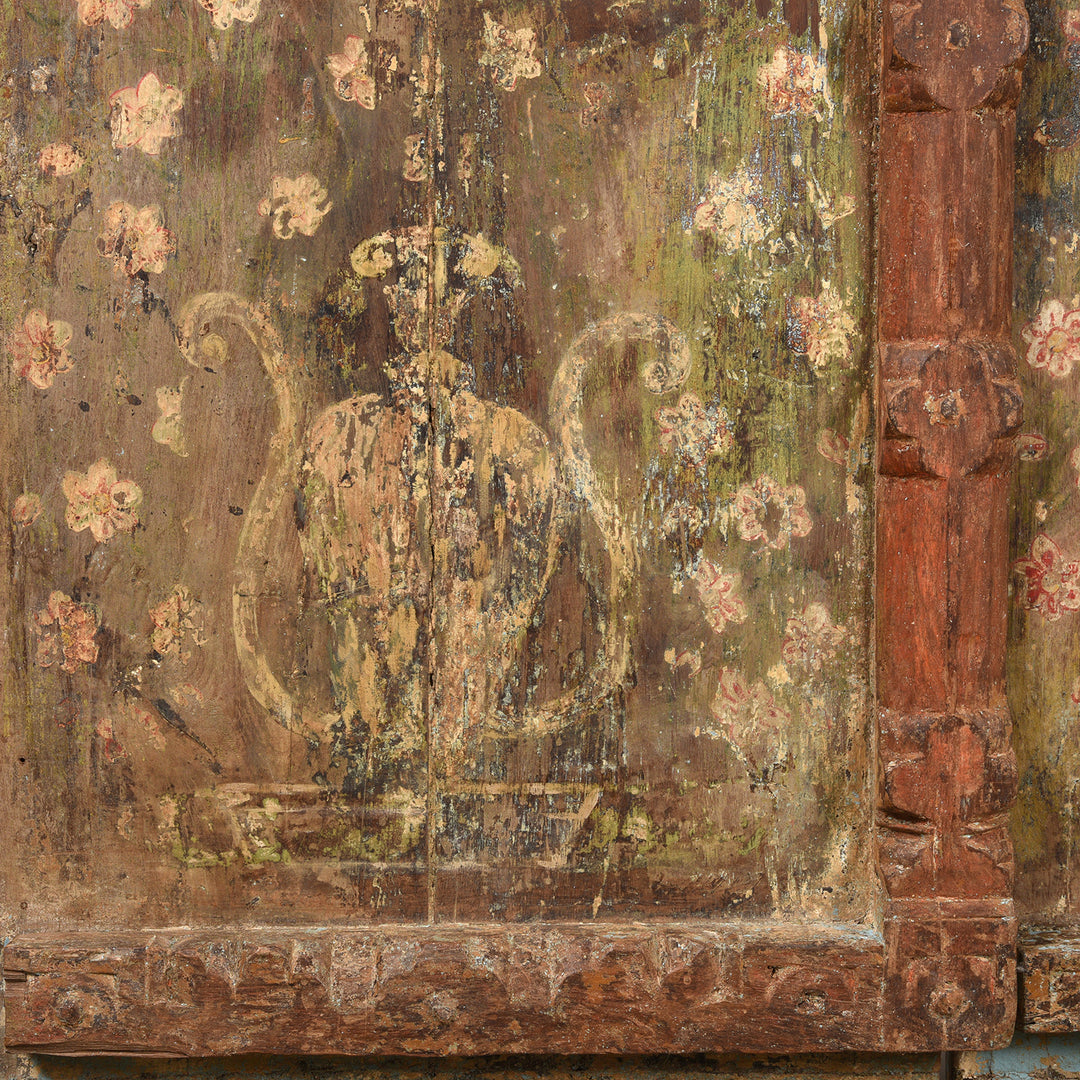 Painting Detail From Old Painted Indian Door From Gujarat - 19thC | Indigo Antiques