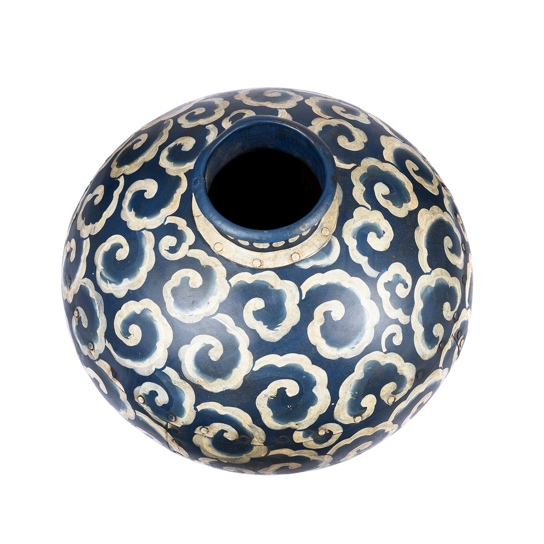 Bikaner Blue Clouds Painted Iron Matka Water Pot | Indigo Antiques