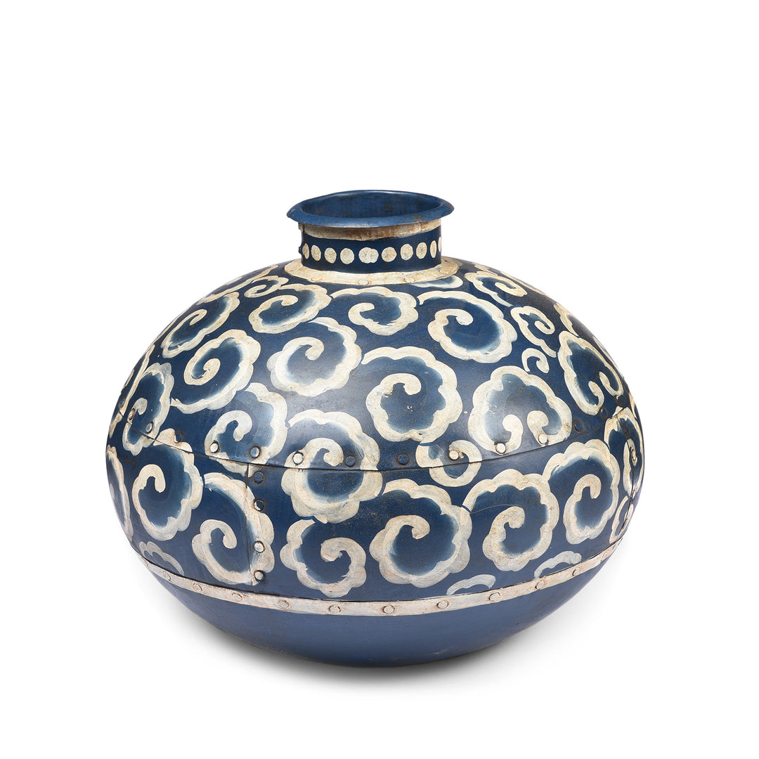 Bikaner Blue Clouds Painted Iron Matka Water Pot | Indigo Antiques