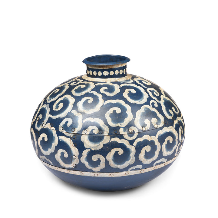 Bikaner Blue Clouds Painted Iron Matka Water Pot | Indigo Antiques