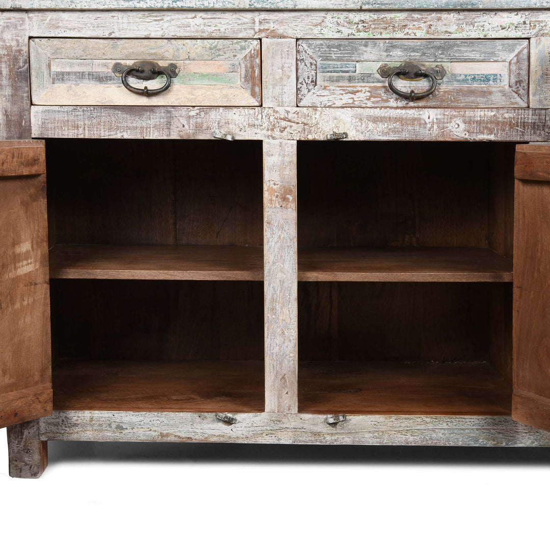 Interior Of Reclaimed Teakwood Sideboard With Painted Finish | Indigo Antiques