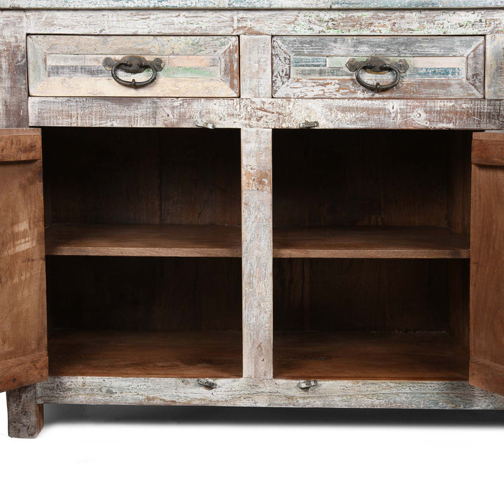 Interior Of Reclaimed Teakwood Sideboard With Painted Finish | Indigo Antiques