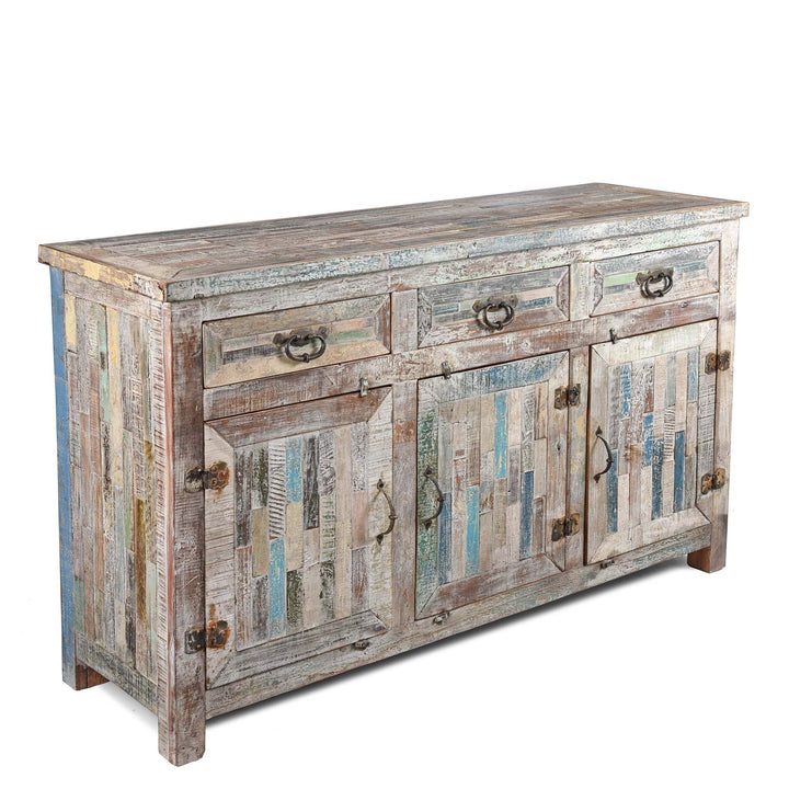 Angled VIew Of Reclaimed Teakwood Sideboard With Painted Finish | Indigo Antiques