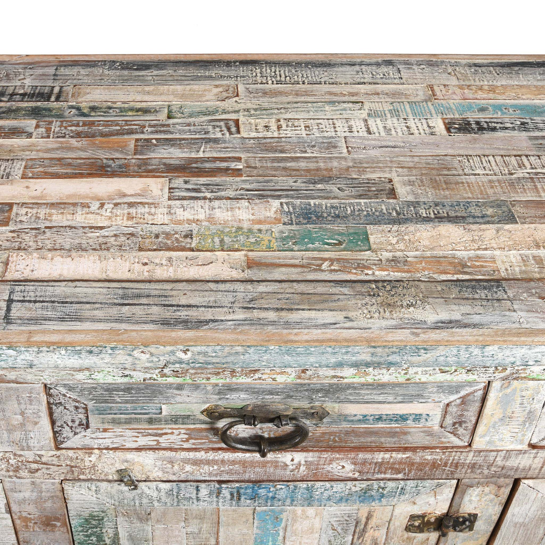 Surface Detail Of Reclaimed Teakwood Sideboard With Painted Finish | Indigo Antiques