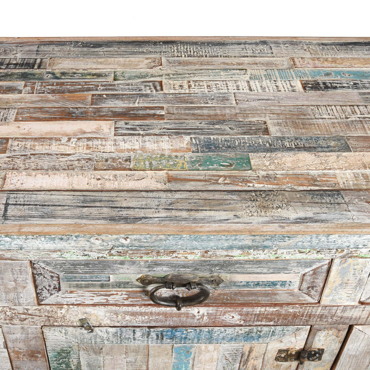 Surface Detail Of Reclaimed Teakwood Sideboard With Painted Finish | Indigo Antiques