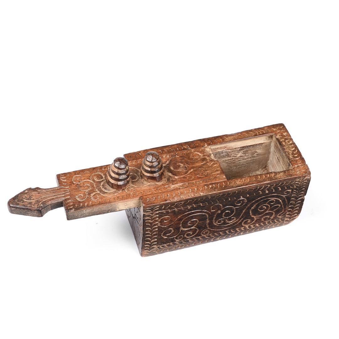 Top Down View Of Carved Jackfruit Tikka Ash Box From Kerala - Ca 100 Yrs Old | INDIGO ANTIQUES