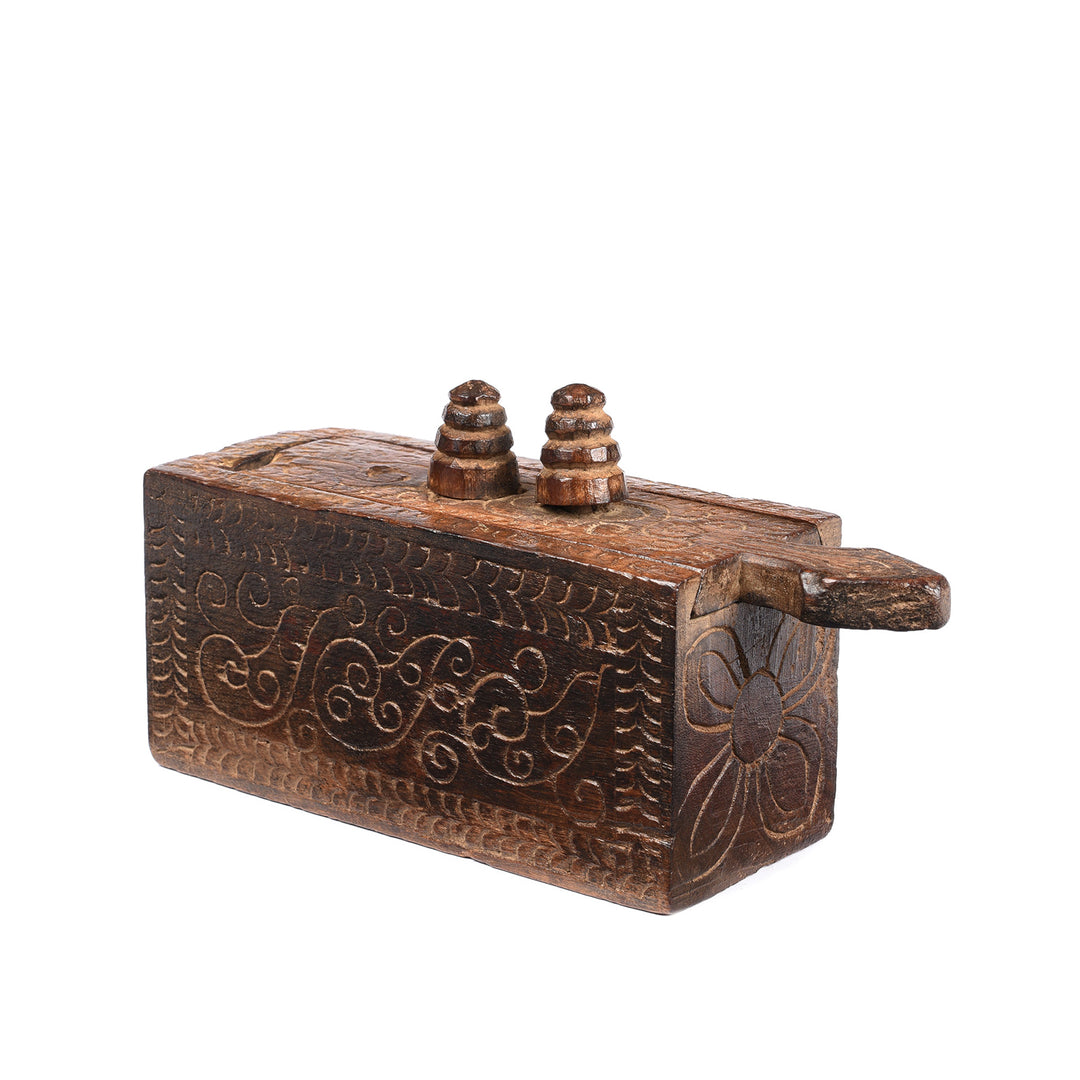 Angled View Of Carved Jackfruit Tikka Ash Box From Kerala - Ca 100 Yrs Old | INDIGO ANTIQUES