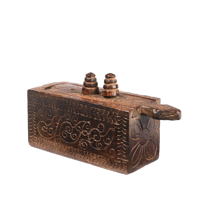Angled View Of Carved Jackfruit Tikka Ash Box From Kerala - Ca 100 Yrs Old | INDIGO ANTIQUES