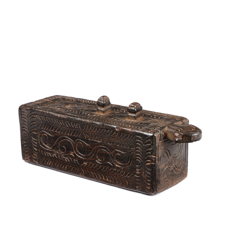 Angled View Of Carved Jackfruit Tikka Ash Box From Kerala - Ca 100 Yrs Old | INDIGO ANTIQUES