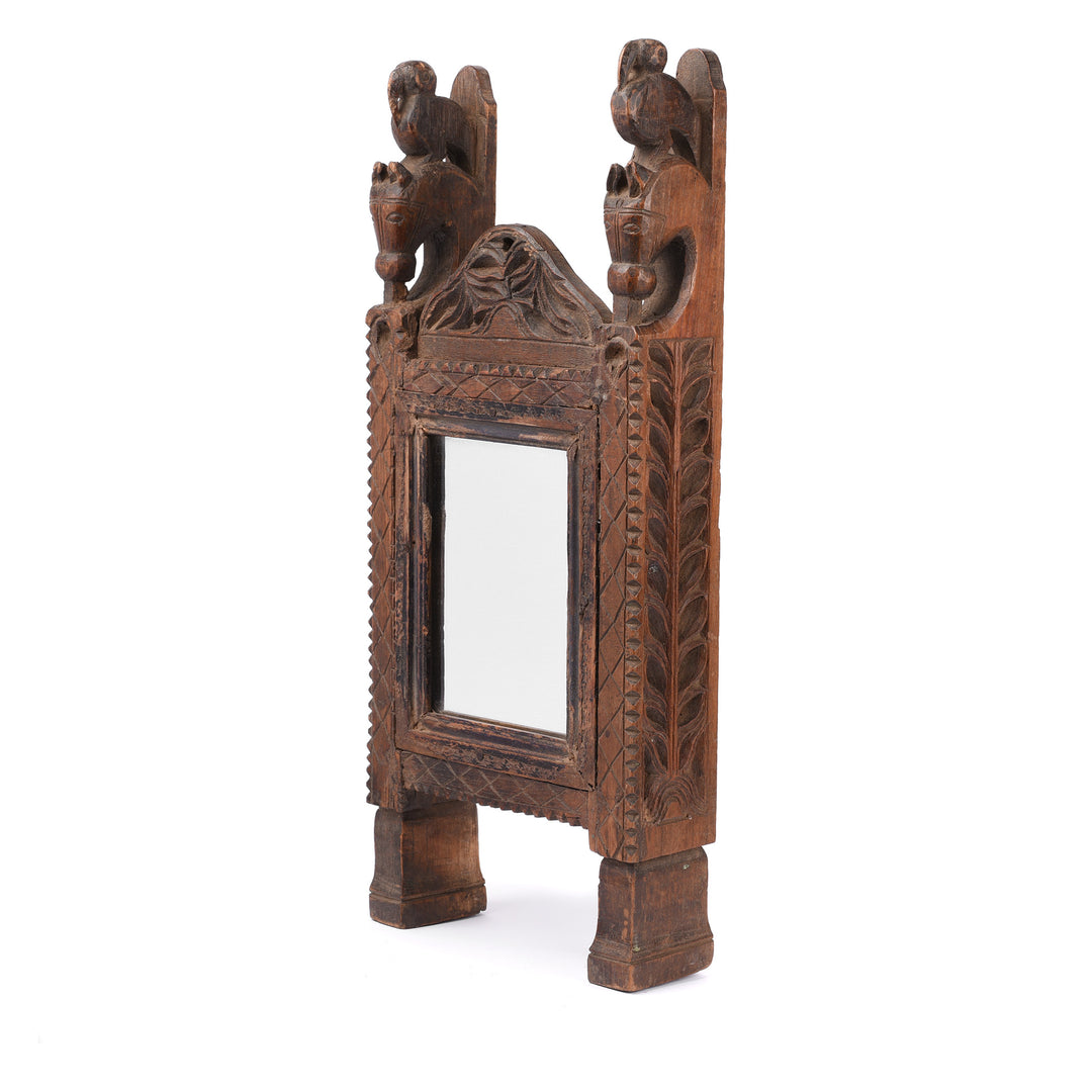 Angled View Of Carved Teak Tribal Mirror From Rajasthan Ca 90 Yrs Old | Indigo Antiques