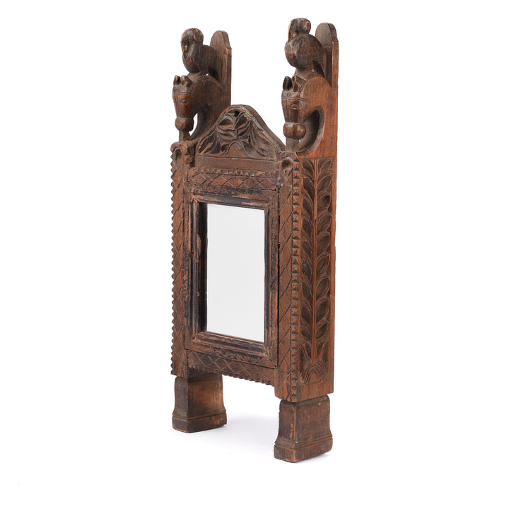 Angled View Of Carved Teak Tribal Mirror From Rajasthan Ca 90 Yrs Old | Indigo Antiques
