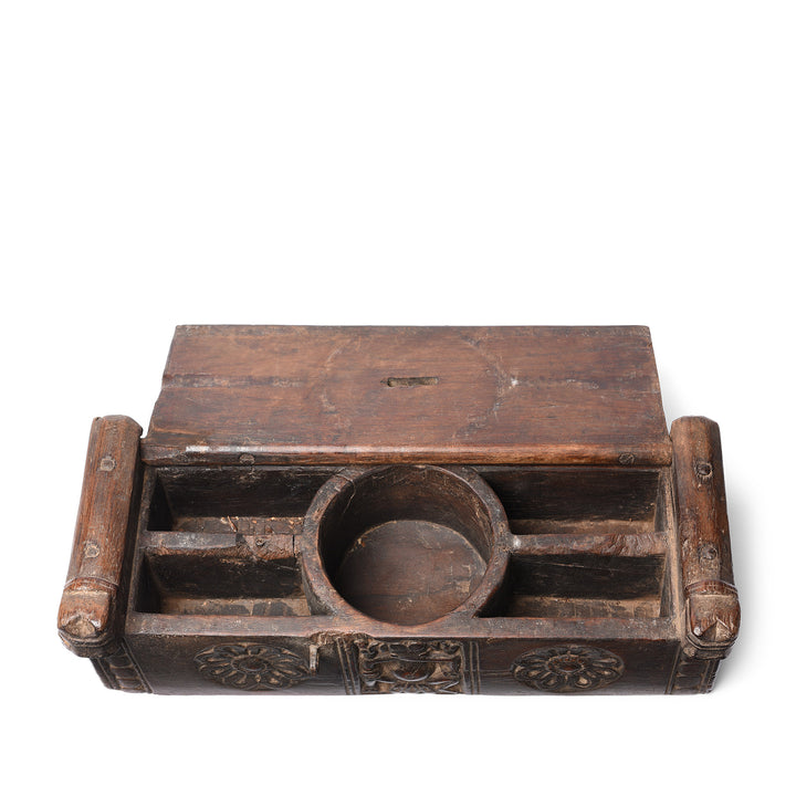 Interior Of Carved Indian Teak Harpa Box From Banswara - Rajasthan - Ca 1920's | Indigo Antiques