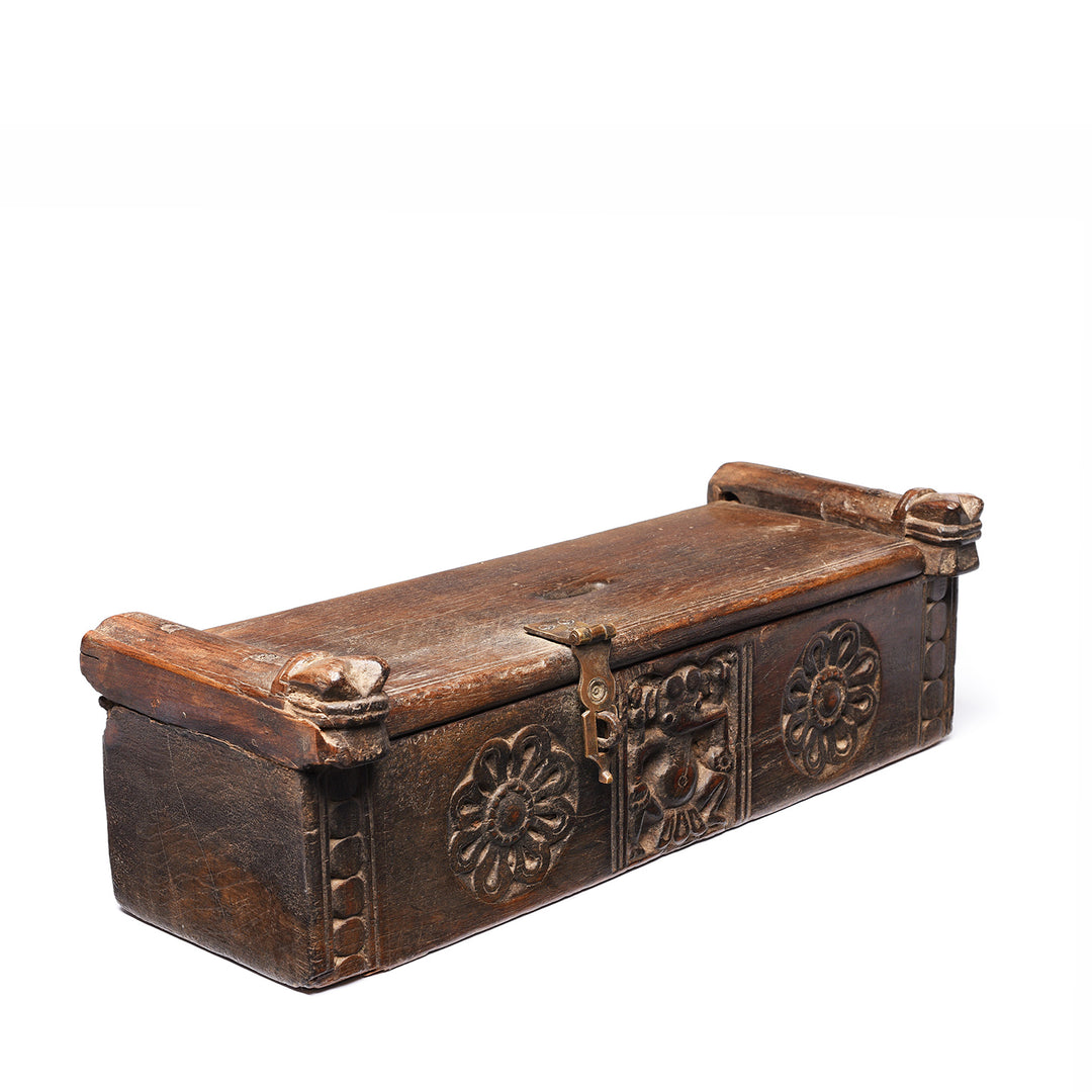 Angled View Of Carved Indian Teak Harpa Box From Banswara - Rajasthan - Ca 1920's | Indigo Antiques