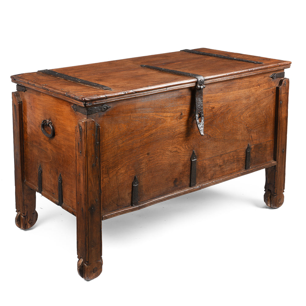 Antique Indian Goan Teak Merchants Chest with Iron Bindings & Wheels | Indigo Antiques