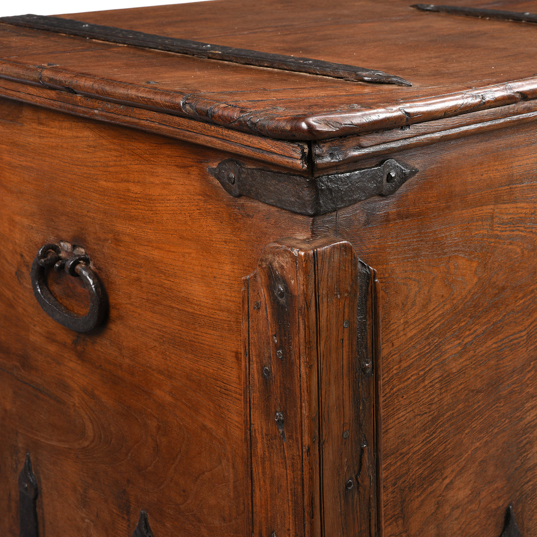 Corner Detail From Antique Iron Bound Teak Chest On Wheels From Goa - 19th Century | Indigo Antiques