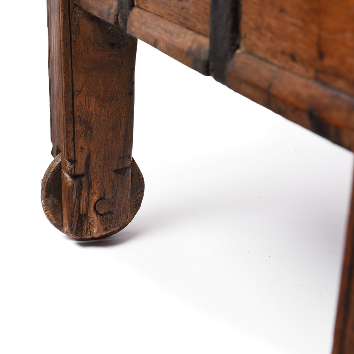 Wheel Detail From Antique Iron Bound Teak Chest On Wheels From Goa - 19th Century | Indigo Antiques