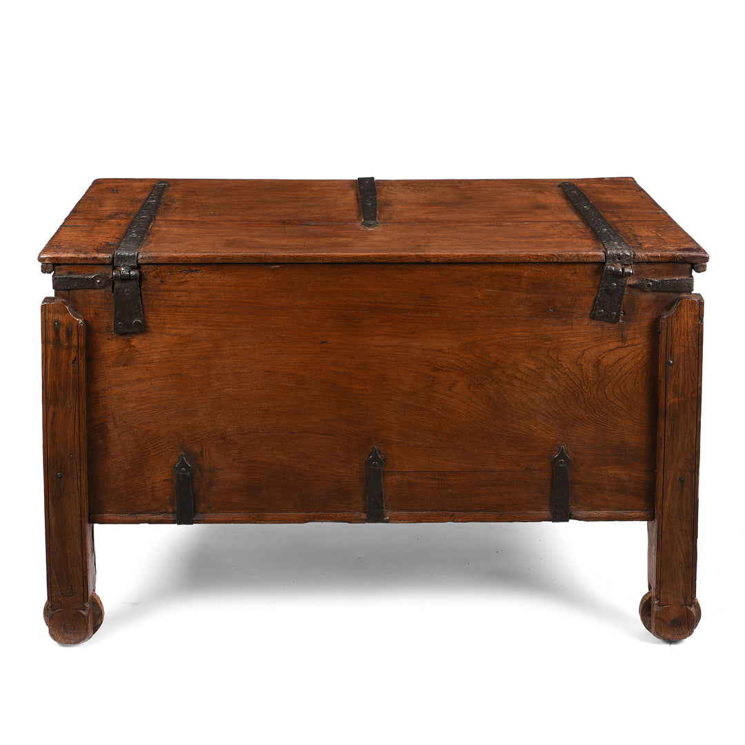 Back of Antique Iron Bound Teak Chest On Wheels From Goa - 19th Century | Indigo Antiques