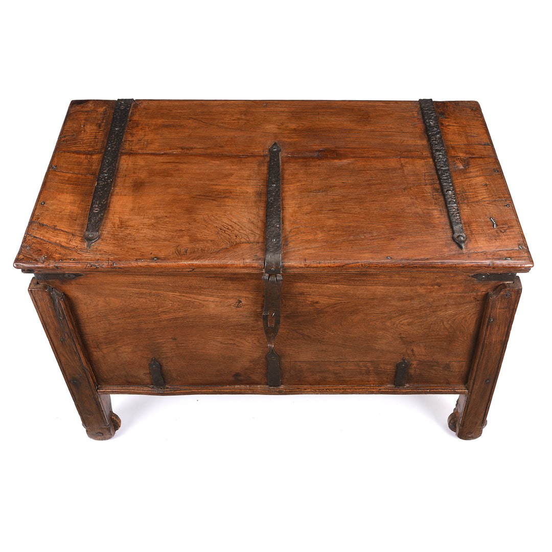 Top Down View Of Antique Iron Bound Teak Chest On Wheels From Goa - 19th Century | Indigo Antiques