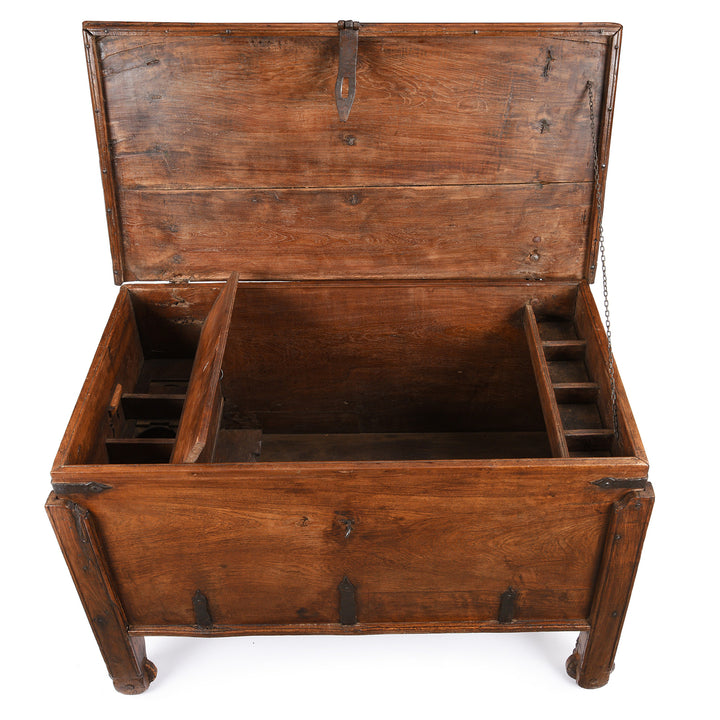 Interior detail of an Antique Indian Goan Teak Merchants Chest with Iron Bindings & Wheels | Indigo Antiques