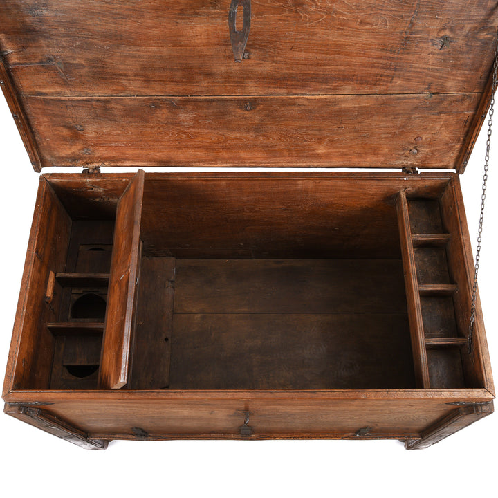 Interior detail of an Antique Indian Goan Teak Merchants Chest with Iron Bindings & Wheels | Indigo Antiques