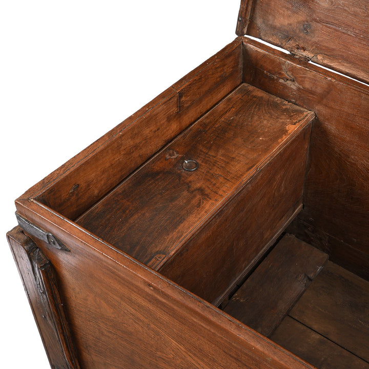 Compartment VIew Of Antique Iron Bound Teak Chest On Wheels From Goa - 19th Century | Indigo Antiques