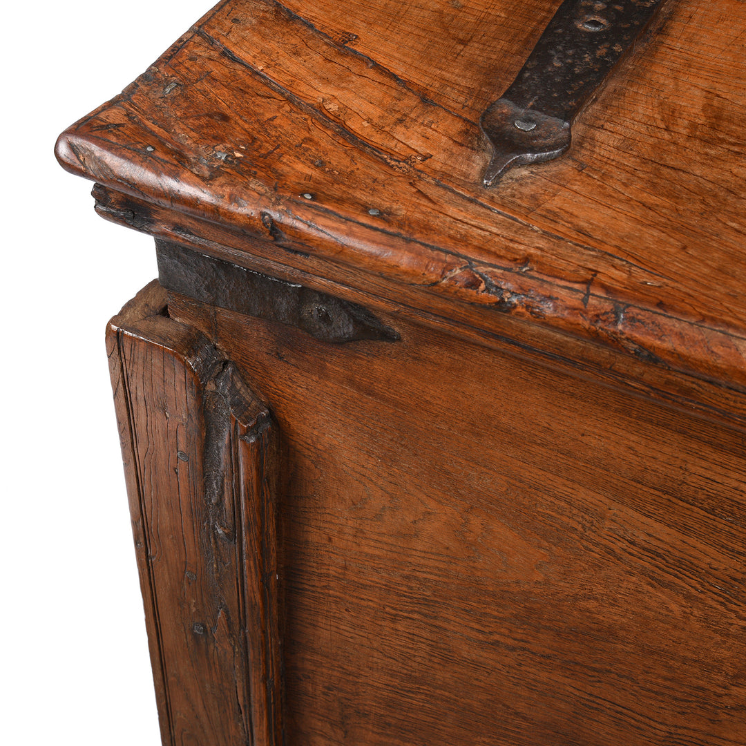 Corner Detail From Antique Iron Bound Teak Chest On Wheels From Goa - 19th Century | Indigo Antiques