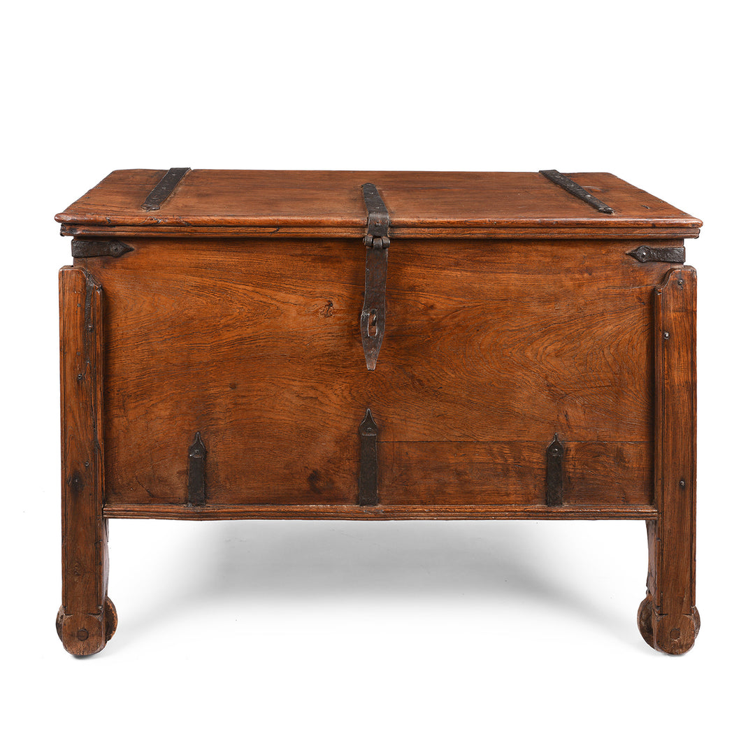 Antique Indian Goan Teak Merchants Chest with Iron Bindings & Wheels | Indigo Antiques