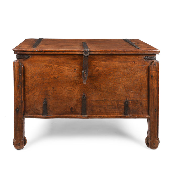 Antique Indian Goan Teak Merchants Chest with Iron Bindings & Wheels | Indigo Antiques