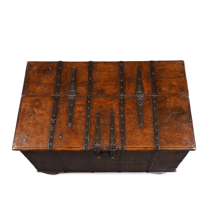 Lid View Of Antique Iron Bound Teak Chest From Gujarat - 19th Century | Indigo Antiques