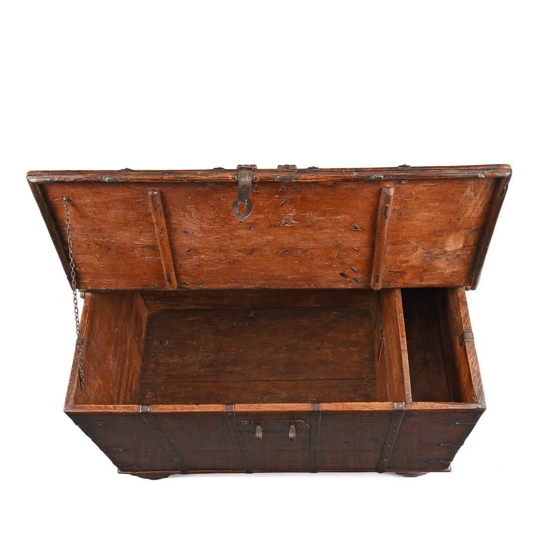 Open Lid View Of Antique Iron Bound Teak Chest From Gujarat - 19th Century | Indigo Antiques