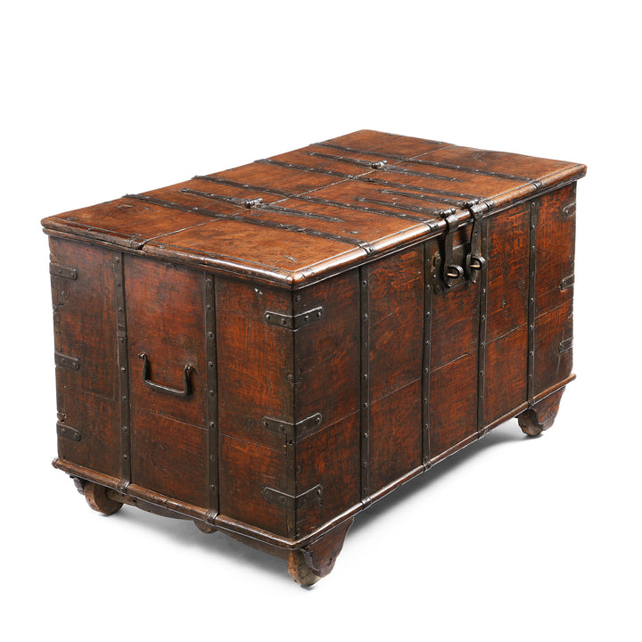 Angled View Of Antique Iron Bound Teak Chest From Gujarat - 19th Century | Indigo Antiques