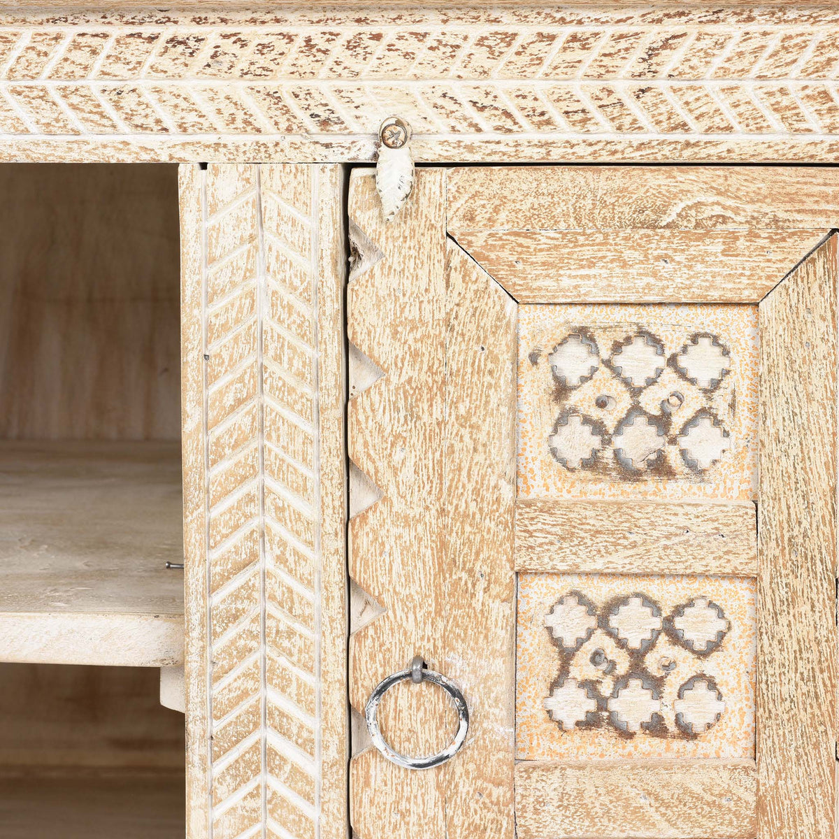Carving And Latch Detail From Low Kutchi AV Cabinet | Indigo Antiques
