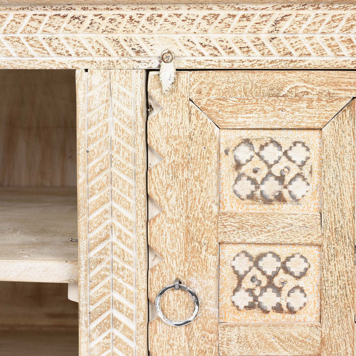 Carving And Latch Detail From Low Kutchi AV Cabinet | Indigo Antiques