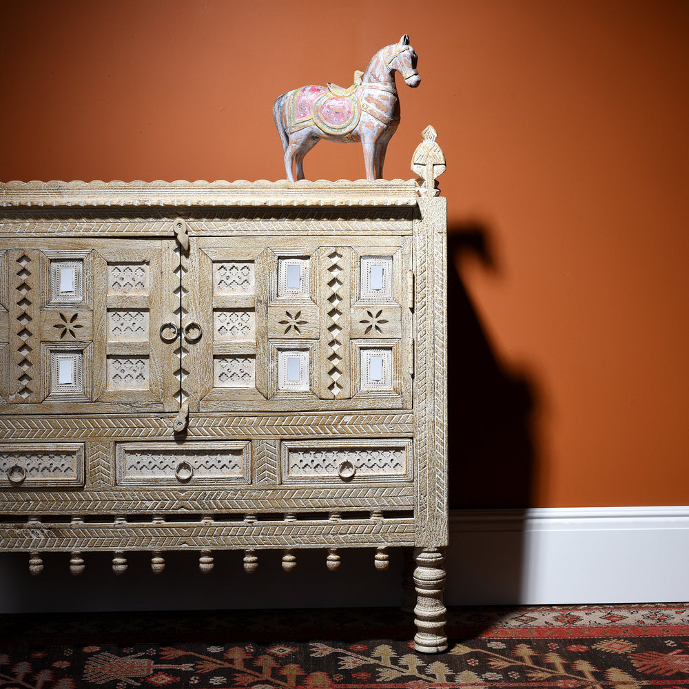 Indian Bleached Reclaimed Wood Damchiya Buffet Carved Sideboard | Indigo nNtiques
