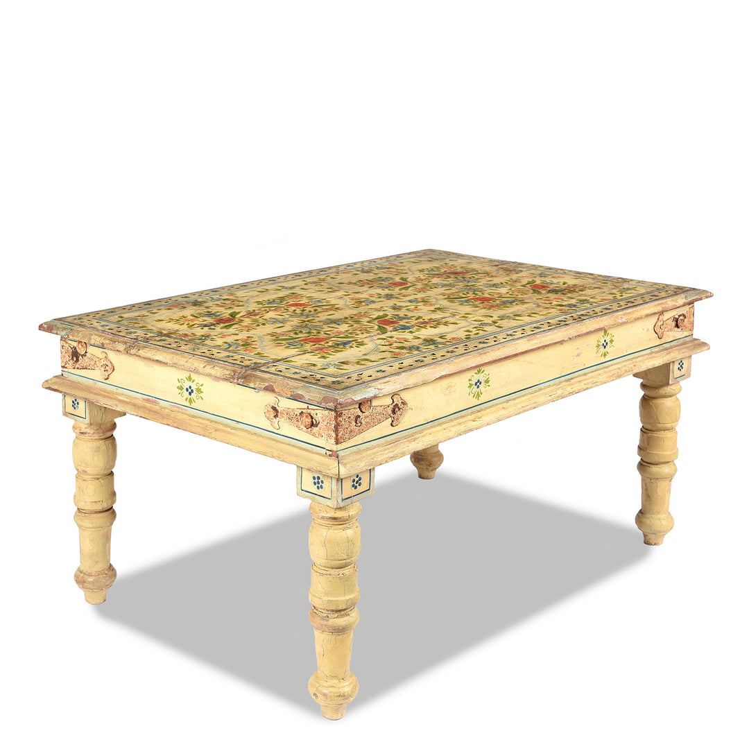 Angled View Of Vintage Painted Coffee Table From Rajasthan | Indigo Antiques