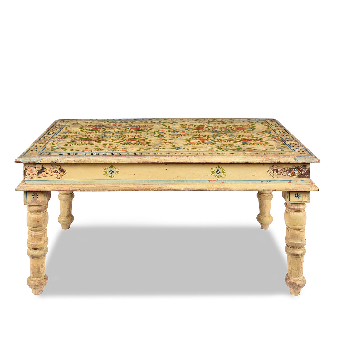 Reverse Of Vintage Painted Coffee Table From Rajasthan | Indigo Antiques