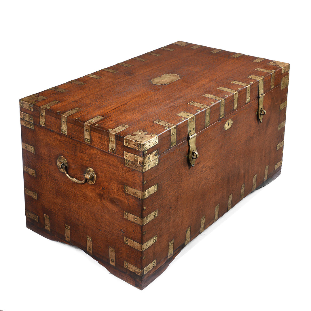 Angled View Of Antique Brass Bound Teak Military Chest From Rajasthan -19thC | Indigo Antiques